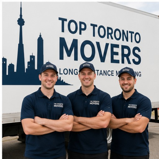 Long Distance Movers Three movers in front of truck: