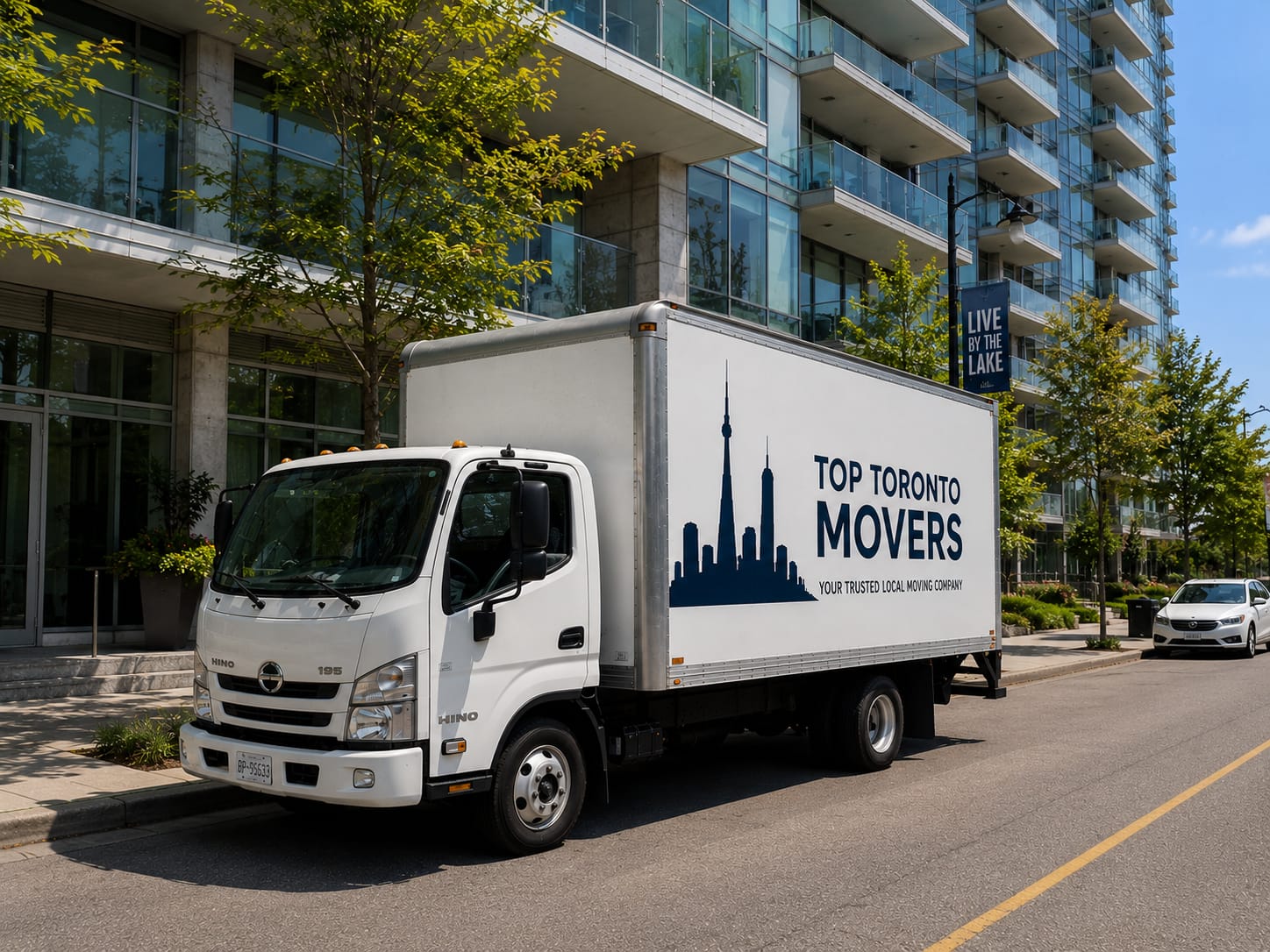 Moving truck parked near apartment building